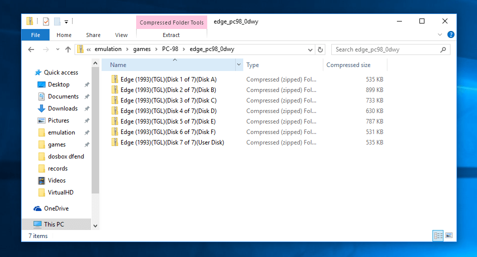 Nested archives of the PC-98 game EDGE, 7 disks