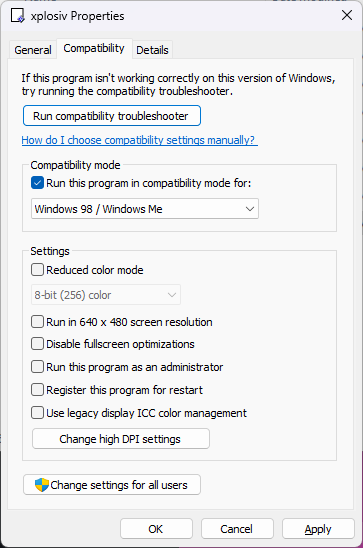 The Compatibility tab of a program's Properties in Windows 11, set to run in compatibility mode for Windows 98 / Windows Me